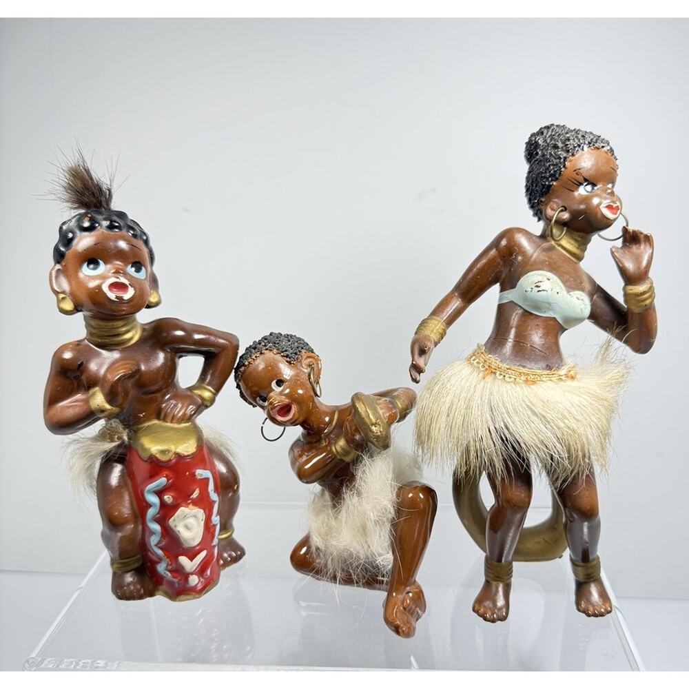 Vintage Ucagco African Native Figurines Japan Playing instruments Hula Dancer